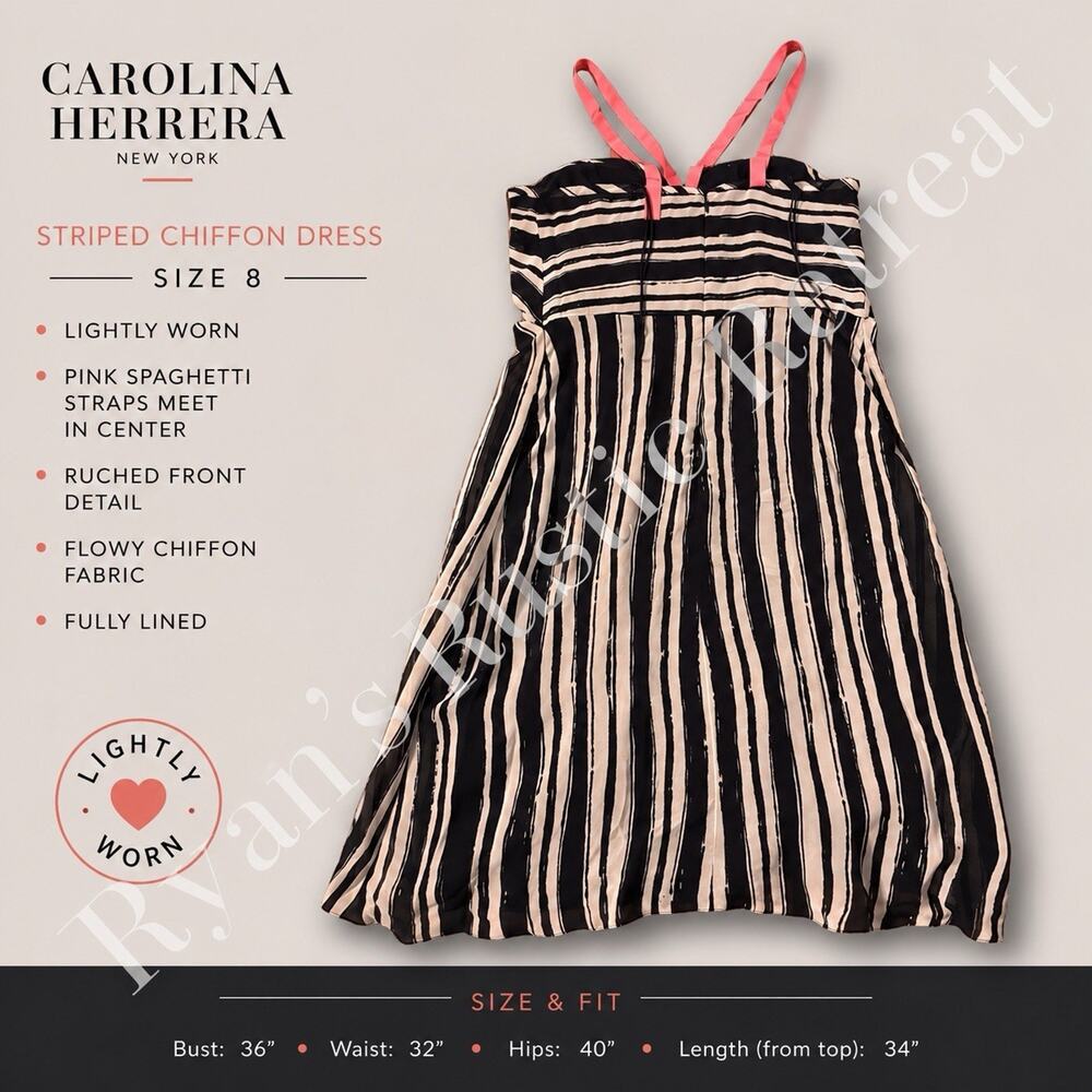 Carolina Herrera Striped Chiffon Dress Pink Straps Ruched Size 8 Lined DK - Picture 4 of 5